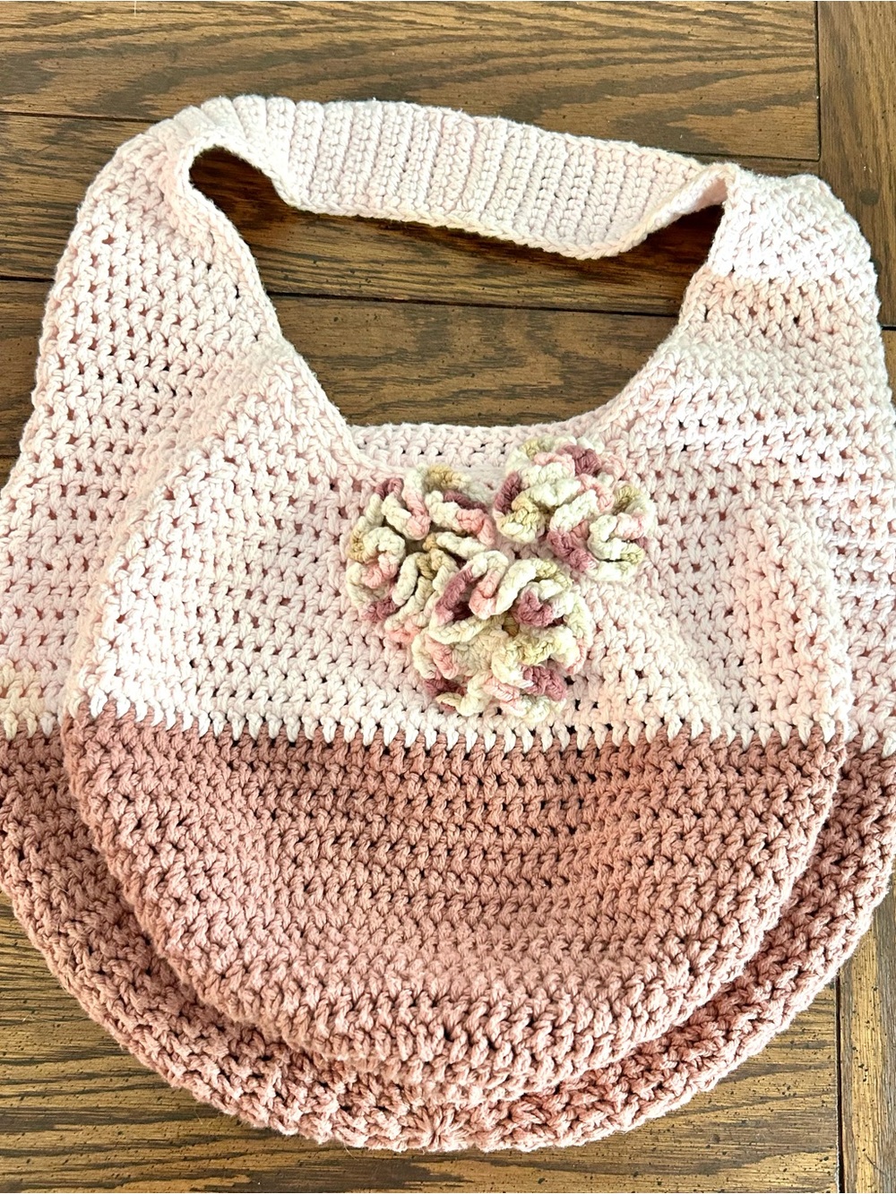 Handmade Pink Two-Tone Crochet Shoulder Bag with Floral Accent
